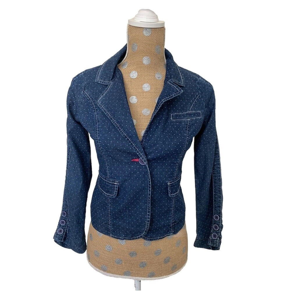 Guess Y2K Cropped Denim Jacket Polka Dot Button Size XSmall Logo Embroidery VtG